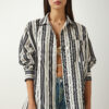 Happiness İstanbul Women's Cream Black Striped Oversize Knitted Shirt