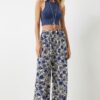 Happiness İstanbul Women's Cream Blue Patterned Flowy Viscose Palazzo Trousers