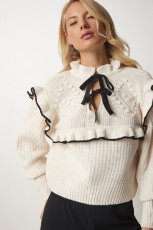 Happiness İstanbul Women's Cream Frilly Bow Collar Knitwear Sweater Happiness İstanbul Women's Cream Frilly Bow Collar Knitwear Sweater