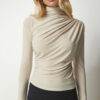 Happiness İstanbul Women's Cream Gathered Detailed High Neck Sandy Blouse