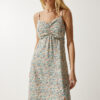 Happiness İstanbul Women's Cream Green Strappy Patterned Viscose Dress