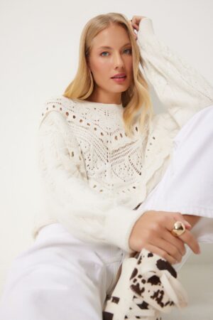 Happiness İstanbul Women's Cream Lace Detailed Openwork Knitted Sweater