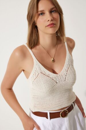 Happiness İstanbul Women's Cream Openwork Strappy Crop Knitwear Blouse Happiness İstanbul Women's Cream Openwork Strappy Crop Knitwear Blouse