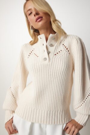 Happiness İstanbul Women's Cream Stylish Buttoned Openwork Knitwear Sweater Happiness İstanbul Women's Cream Stylish Buttoned Openwork Knitwear Sweater