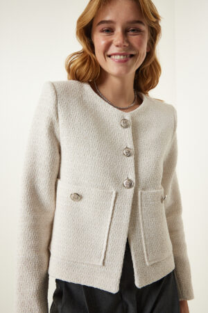 Happiness İstanbul Women's Cream Wide Pocket Elegant Woven Jacket