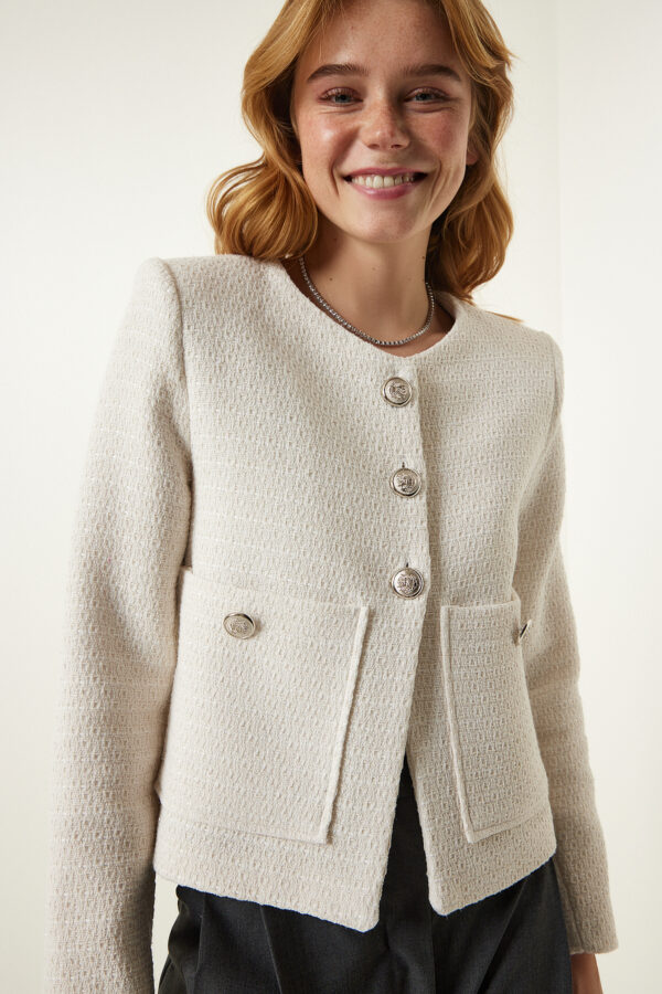 Happiness İstanbul Women's Cream Wide Pocket Elegant Woven Jacket