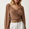 Happiness İstanbul Women's Dark Beige Elastic Balloon Sleeve Sandy Knitted Blouse