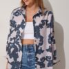 Happiness İstanbul Women's Dark Blue Stone Patterned Oversize Poplin Shirt
