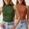 Happiness İstanbul Women's Dark Green Camel High Neck Sleeveless