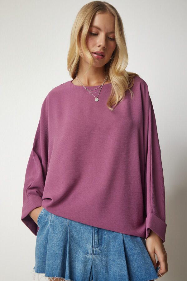 Happiness İstanbul Women's Dark Lilac Bat Sleeve Flowy Ayrobin Blouse
