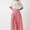 Happiness İstanbul Women's Dark Pink Gingham Flounce Summer Poplin Skirt