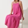 Happiness İstanbul Women's Dark Pink Strappy Summer Loose Muslin Dress