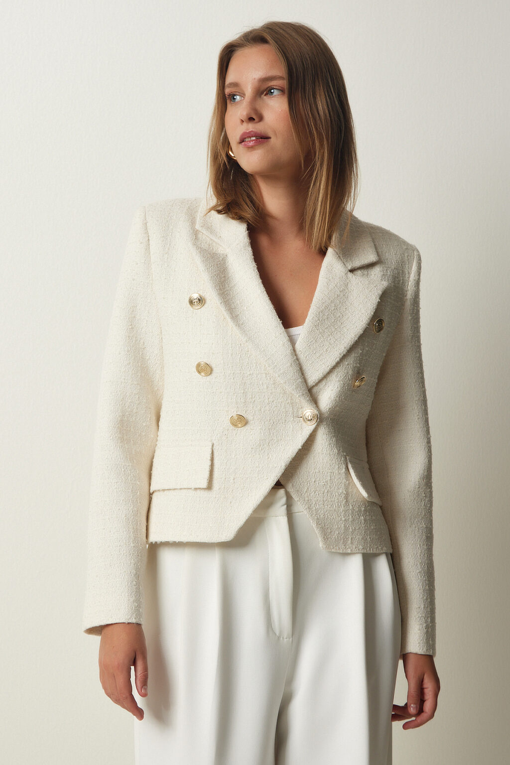 Happiness İstanbul Women's Ecru Asymmetrical Detailed Crop Tweed Jacket