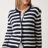 Happiness İstanbul Women's Ecru Navy Blue Waistband Striped Knitwear Cardigan