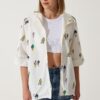 Happiness İstanbul Women's Ecru Printed Hooded Raw Linen Jacket