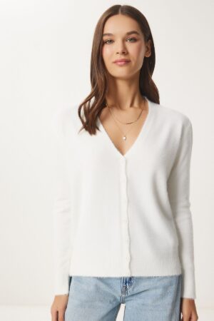 Happiness İstanbul Women's Ecru V-Neck Bearded Seasonal Knitwear Cardigan Happiness İstanbul Women's Ecru V-Neck Bearded Seasonal Knitwear Cardigan
