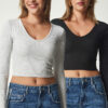 Happiness İstanbul Women's Gray Black V Neck 2 Pack Crop Knitted Blouse