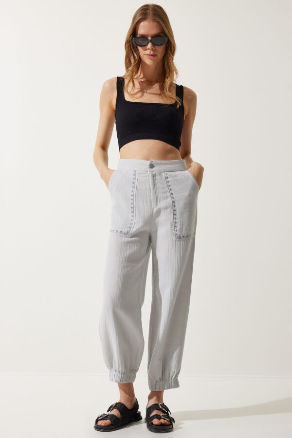 Happiness İstanbul Women's Gray Embroidery Detail Muslin Trousers