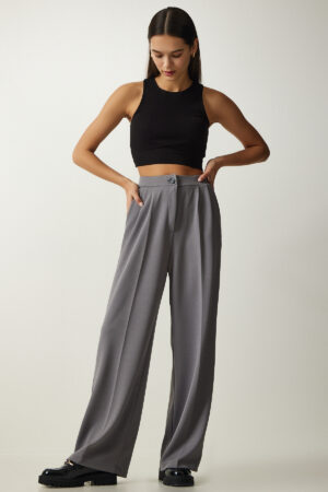 Happiness İstanbul Women's Gray Pleated Palazzo Trousers