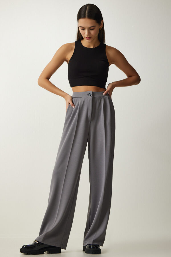 Happiness İstanbul Women's Gray Pleated Palazzo Trousers