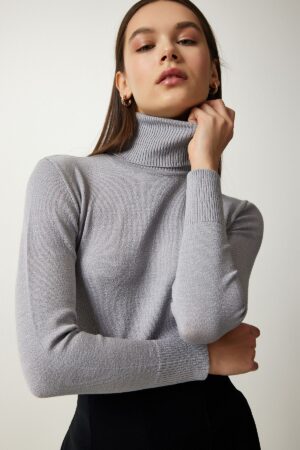 Happiness İstanbul Women's Gray Turtleneck Ribbed Knitwear Sweater