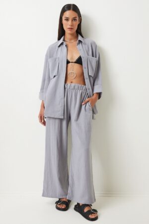 Happiness İstanbul Women's Gray Wide Pocket Linen Blend Shirt and Trousers Set Happiness İstanbul Women's Gray Wide Pocket Linen Blend Shirt and Trousers Set