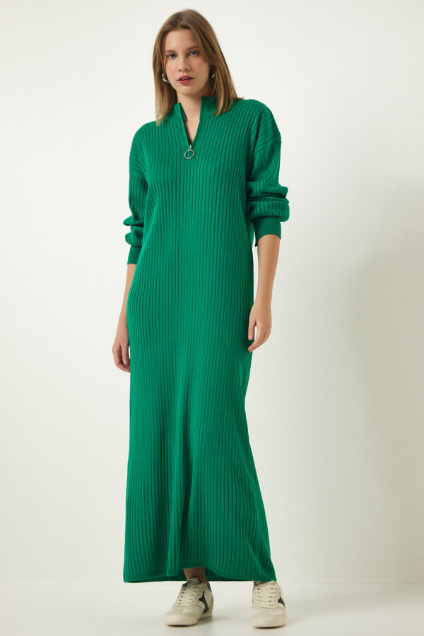 Happiness İstanbul Women's Green Zipper Collar Ribbed Long Knitwear Dress