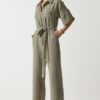 Happiness İstanbul Women's Khaki Premium Belted Muslin Jumpsuit