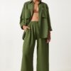 Happiness İstanbul Women's Khaki Wide Pocket Linen Blend Shirt and Trousers Set