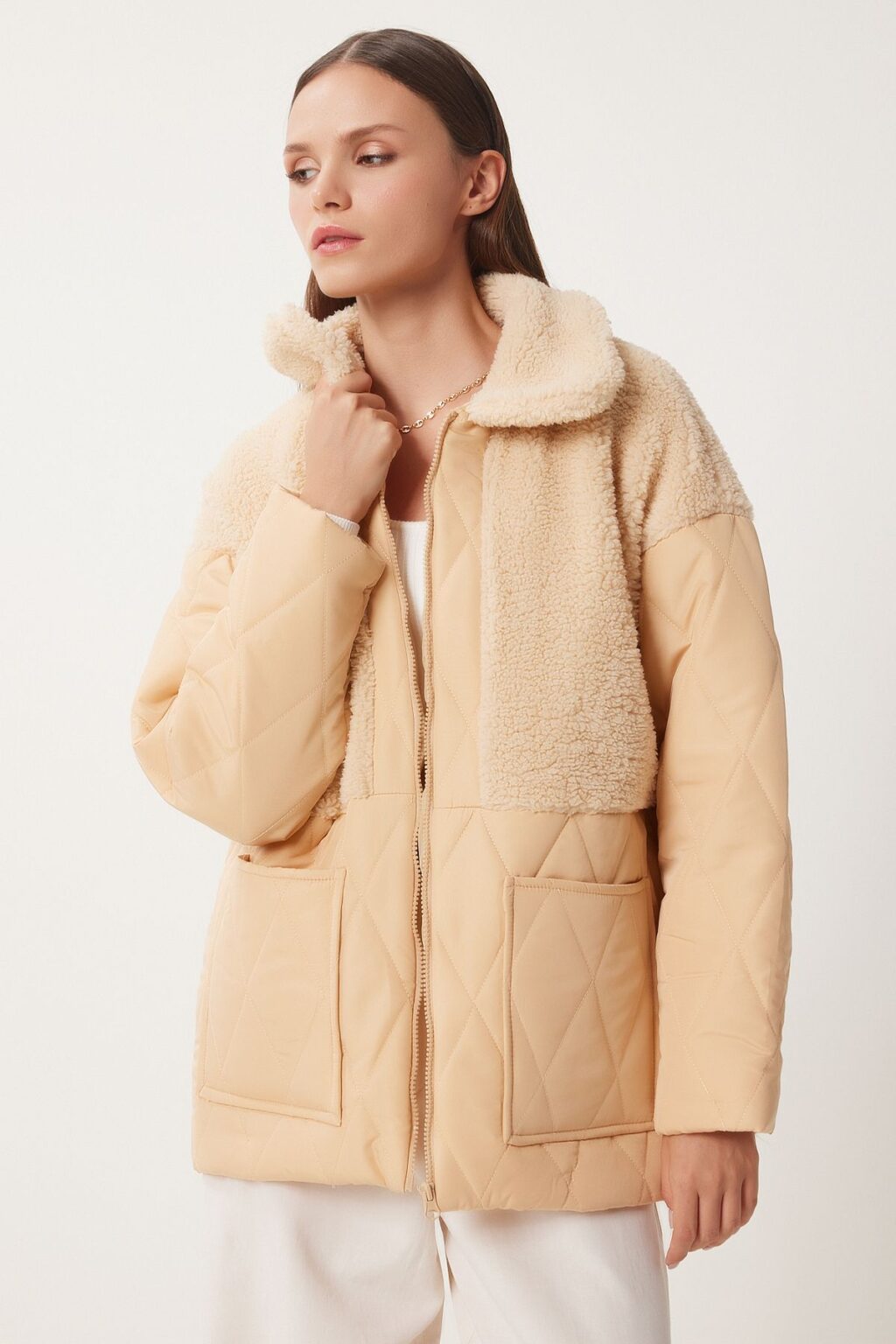 Happiness İstanbul Women's Latte Plush Detailed Quilted Coat
