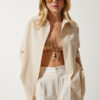 Happiness İstanbul Women's Latte Single Pocket Boyfriend Poplin Shirt