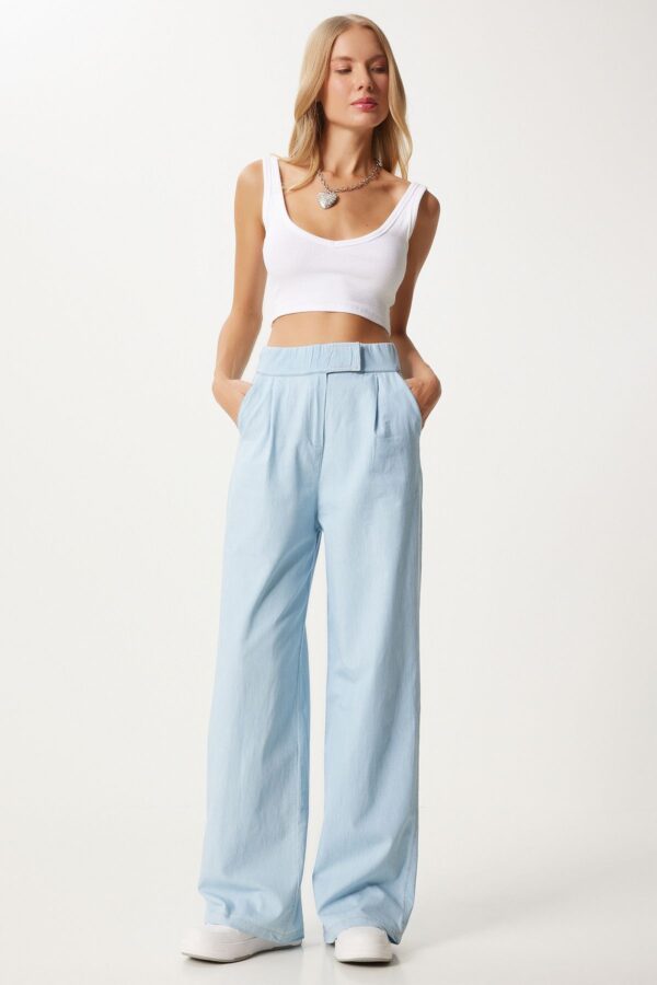 Happiness İstanbul Women's Light Blue Waist Velcro Comfort Palazzo Pants
