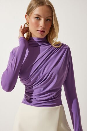 Happiness İstanbul Women's Lilac Gathered Detailed High Neck Sandy Blouse Happiness İstanbul Women's Lilac Gathered Detailed High Neck Sandy Blouse