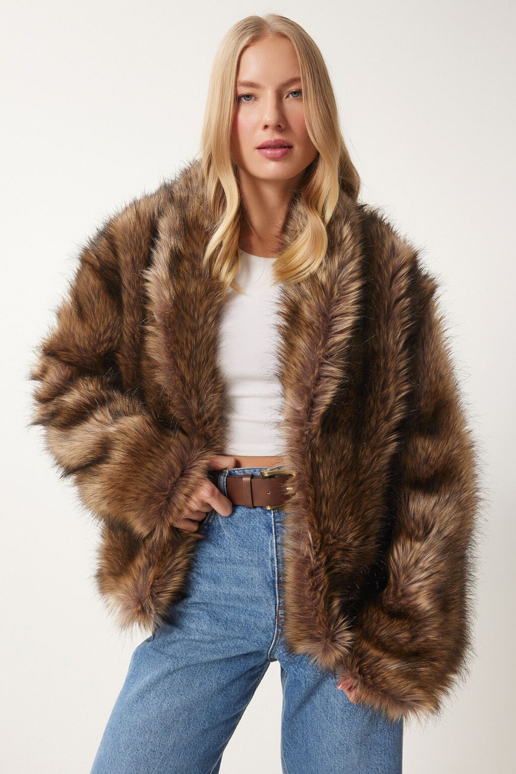 Happiness İstanbul Women's Mink Shawl Collar Faux Fur Jacket