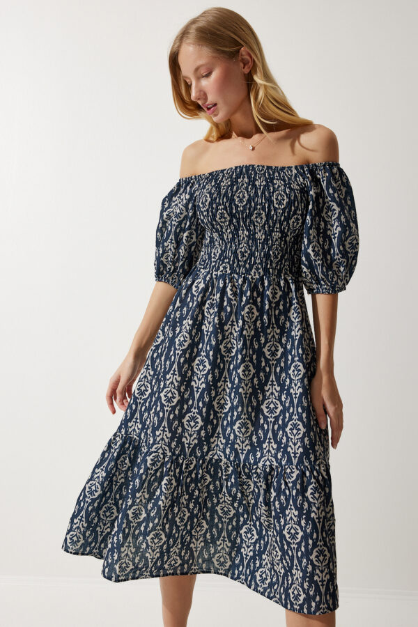 Happiness İstanbul Women's Navy Blue Cream Patterned Summer Woven Dress