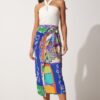 Happiness İstanbul Women's Navy Blue Green Patterned Satin Surface Viscose Wrapped Skirt