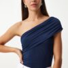 Happiness İstanbul Women's Navy Blue One Shoulder Gathered Knitted Blouse