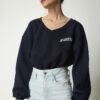 Happiness İstanbul Women's Navy Blue V-Neck Oversize Crop Knitted Sweatshirt