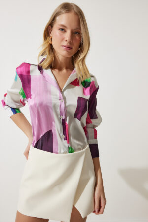 Happiness İstanbul Women's Pink Bone Patterned Satin Surface Shirt Happiness İstanbul Women's Pink Bone Patterned Satin Surface Shirt