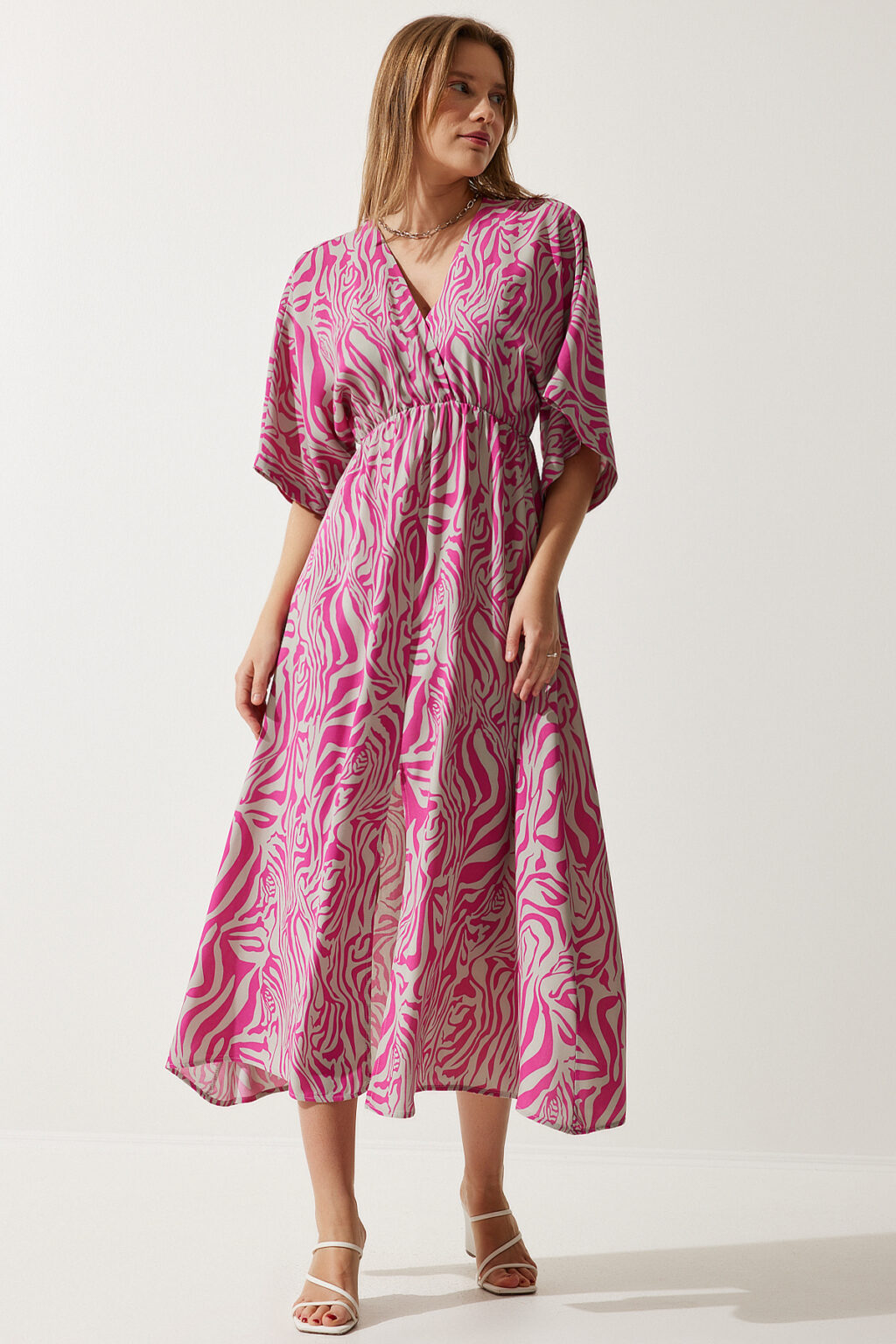 Happiness İstanbul Women's Pink Gray Wrapover Neck Patterned Summer Viscose Dress