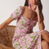 Happiness İstanbul Women's Pink Green Floral Slit Summer Viscose Dress