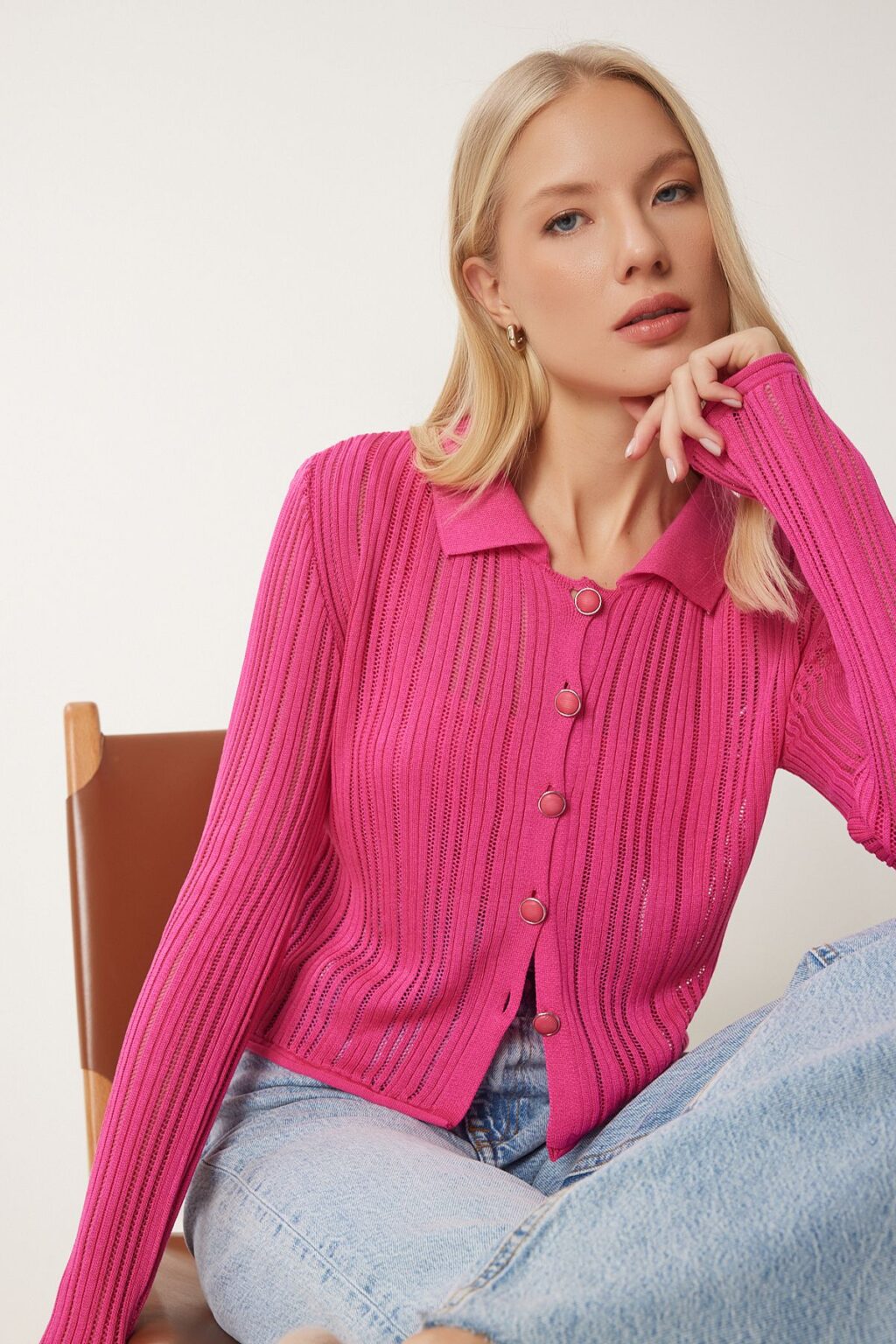 Happiness İstanbul Women's Pink Lightweight Transparent Polo Collar Summer Knitwear Cardigan
