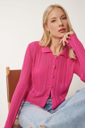 Happiness İstanbul Women's Pink Lightweight Transparent Polo Collar Summer Knitwear Cardigan
