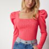 Happiness İstanbul Women's Pink Square Neck Ribbed Knitwear Blouse