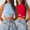 Happiness İstanbul Women's Red Blue 2 Pack Barbell Neck Ribbed Crop Knitted Blouse