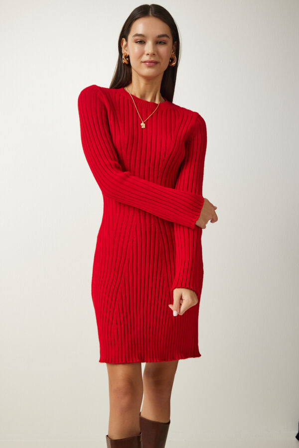 Happiness İstanbul Women's Red Ribbed A-Line Knitwear Dress