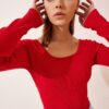 Happiness İstanbul Women's Red U Neck Ribbed Knitted Blouse