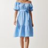 Happiness İstanbul Women's Sky Blue Carmen Collar Belted Summer Muslin Dress