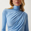 Happiness İstanbul Women's Sky Blue Gathered Detailed High Neck Sandy Blouse
