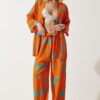 Happiness İstanbul Women's Sky Blue Orange Patterned Kimono Palazzo Trousers Set